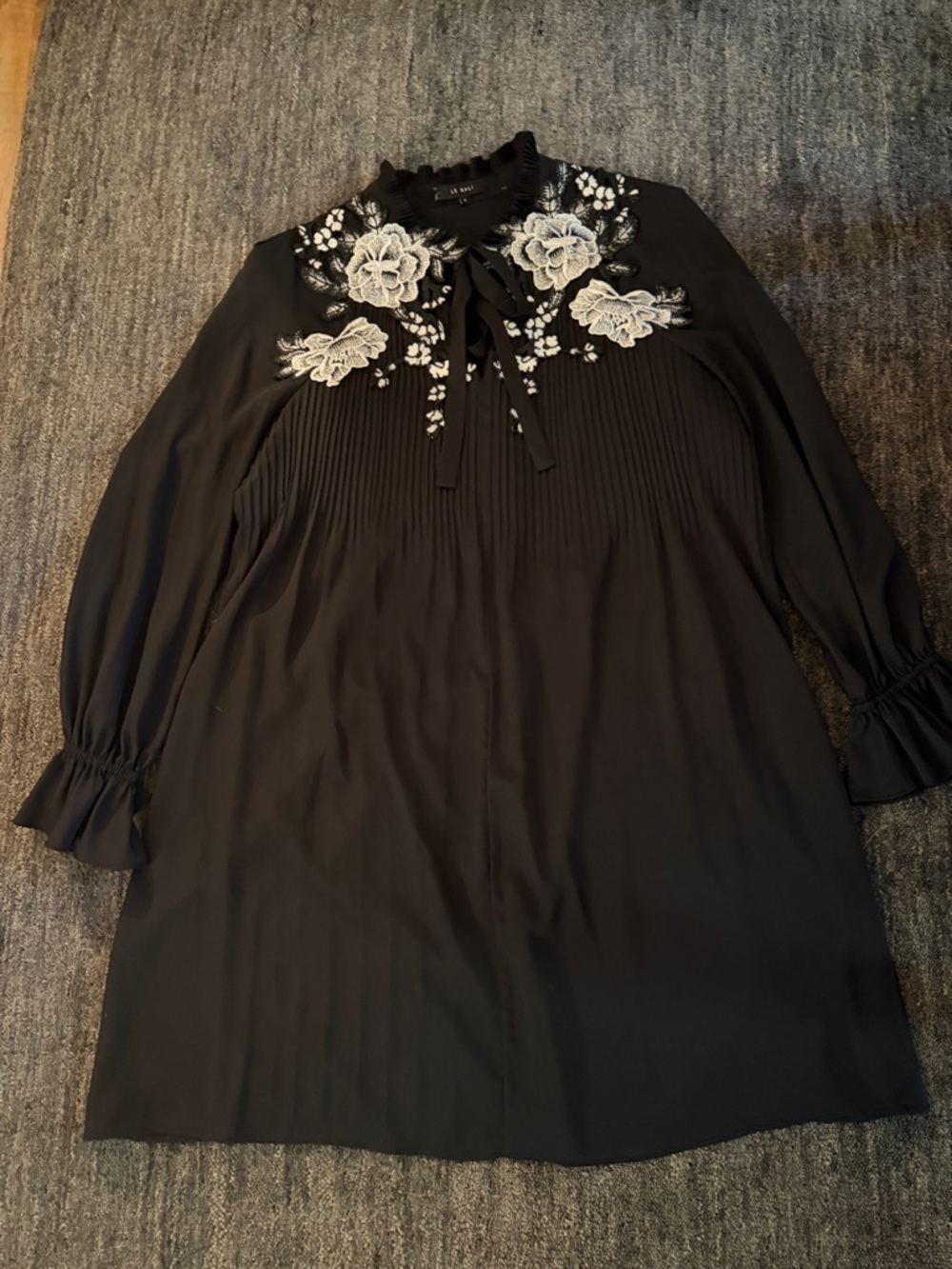 Le Gali Black Long-Sleeve Embroidered Tie-Neck Dress